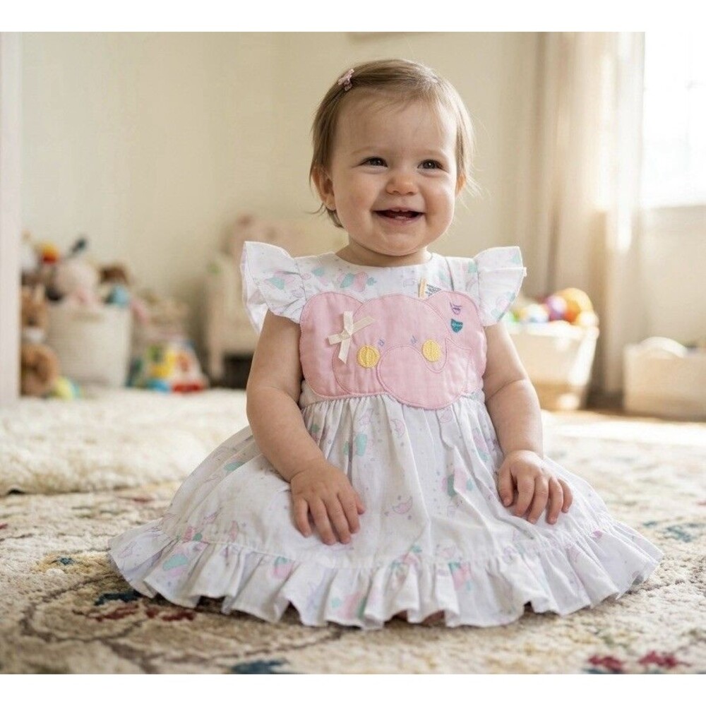 Vintage Girl Dress Baby Pink Elephant Mon Stars romper  SIZE 12 months Lace